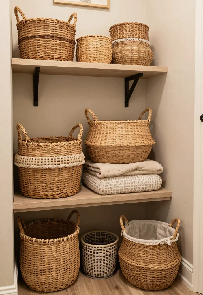 14 Small Bathroom Storage Ideas That Actually Work 17 14 Small Bathroom Storage Ideas That Actually Work 7. Baskets and Bins 0