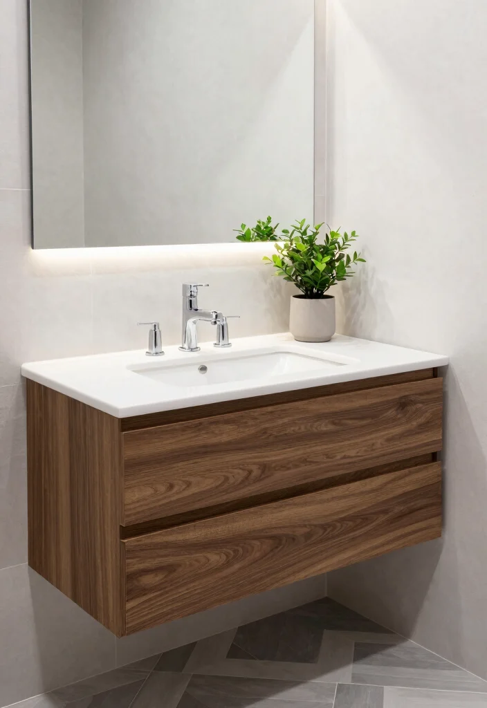 14 Wood Vanity Bathroom Ideas for Natural Warm Texture 1. Sleek Modern Wood Vanity 0