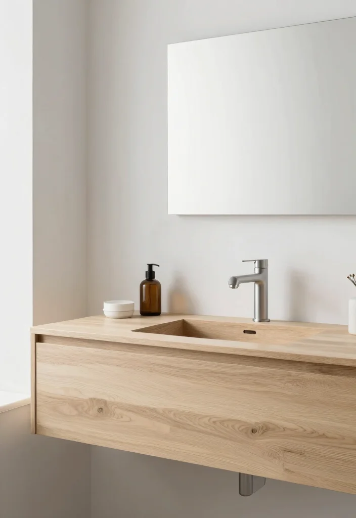 14 Wood Vanity Bathroom Ideas for Natural Warm Texture 10. Minimalist Wood Sink Vanity 0