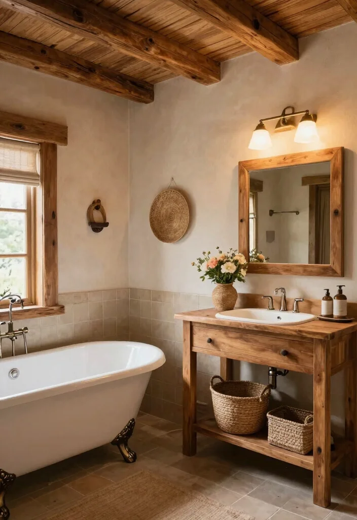 14 Wood Vanity Bathroom Ideas for Natural Warm Texture 11. Rustic Bathroom with Wood Accents 0