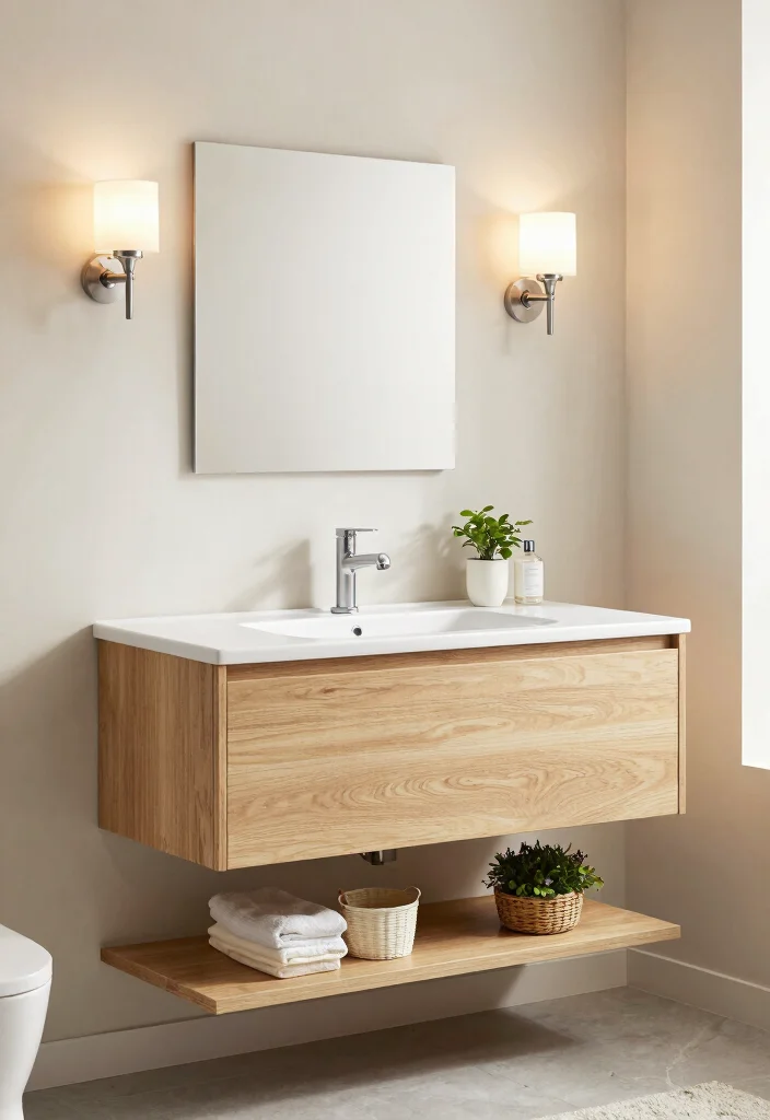 14 Wood Vanity Bathroom Ideas for Natural Warm Texture 3. Floating Wood Vanity 0