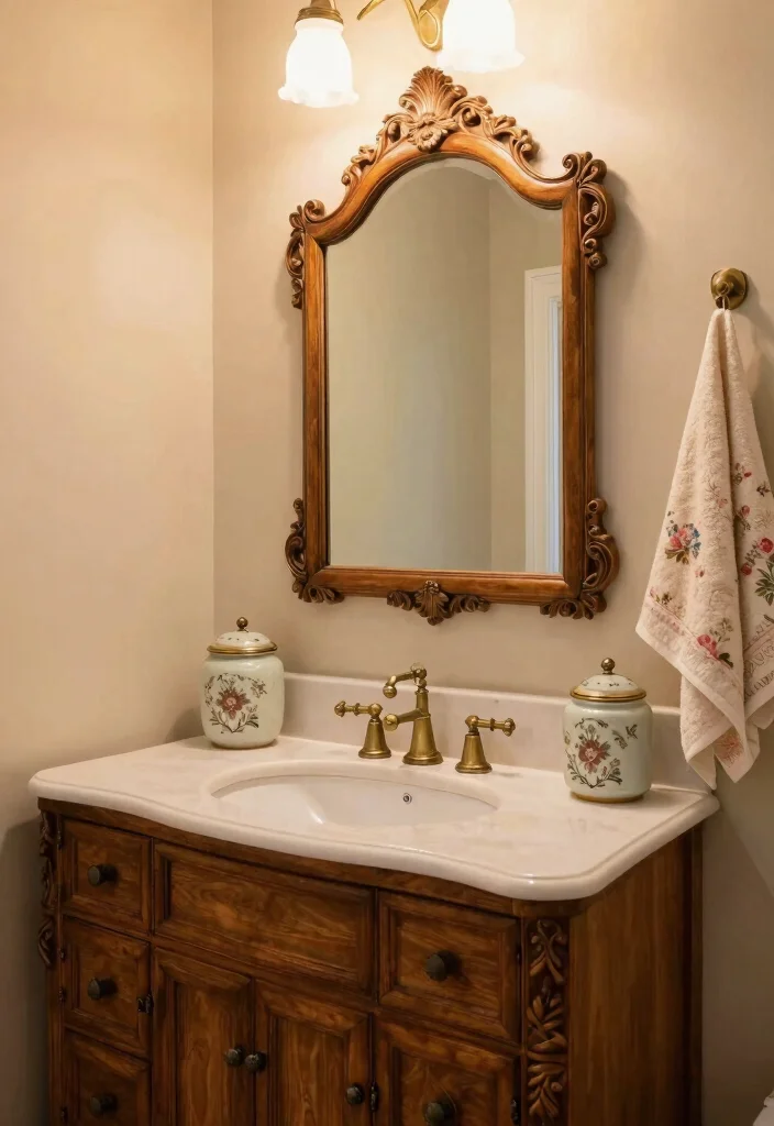 14 Wood Vanity Bathroom Ideas for Natural Warm Texture 4. Vintage Wood Vanity Charm 0