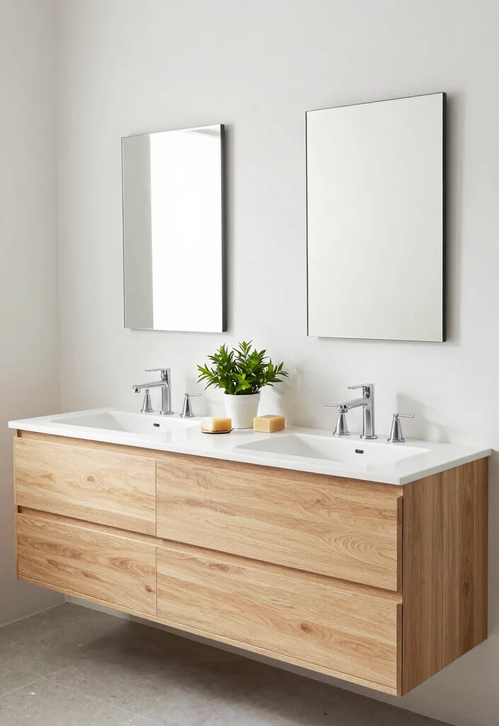 14 Wood Vanity Bathroom Ideas for Natural Warm Texture 5. Dual Sink Wood Vanity Design 0