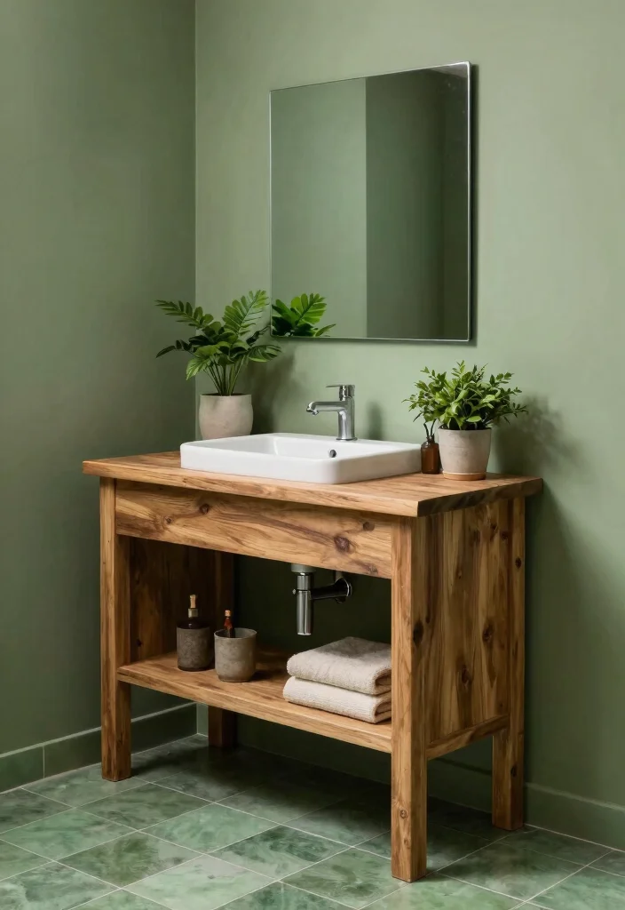 14 Wood Vanity Bathroom Ideas for Natural Warm Texture 7. Earthy Green and Wood Combination 0